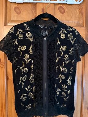 Black and Gold Floral Lace Zip-Front Women's Top